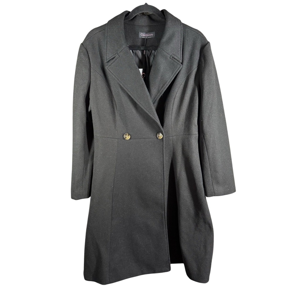 Curlbiuty Pea Coat Womens L Black‎ Double Breasted Long Sleeve Notched Lapel